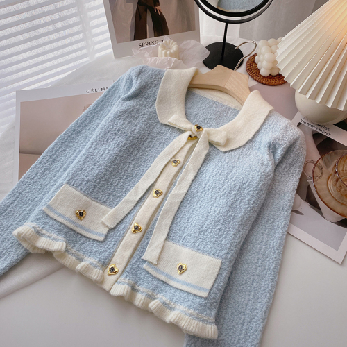 Fungus-edged color-blocked long-sleeved bow-tie knitted sweater for women 2024 spring new sweet little fragrant style top