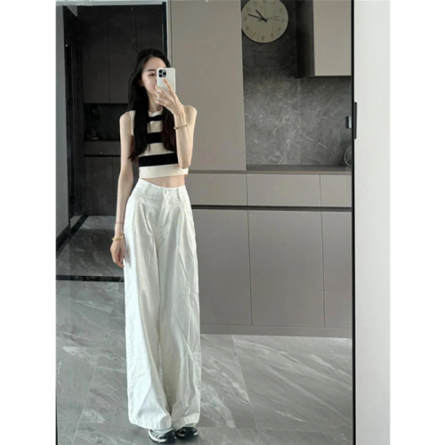 Summer high-end design striped slim-fitting sleeveless vest top for women high-waisted straight relaxed wide-leg pants