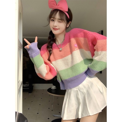 Designed contrasting striped long-sleeved pullover sweater for women Korean style niche sweet soft and waxy short plush sweater