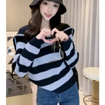 Lazy style navy collar contrast striped sweater for women autumn new loose chic versatile long-sleeved top