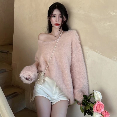 2024 Autumn and Winter New Mink Velvet Bottoming Pullover Sweater Women's Loose New Lazy Style V-neck Top Jacket