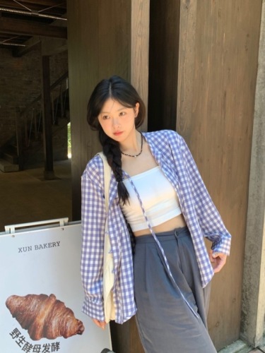 Actual shot~Korean summer casual design purple plaid loose and versatile shirt sun protection cardigan~