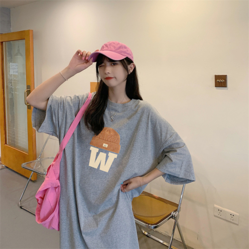 Actual shot of Korean summer fashion women's new slit over-the-knee dress simple letter T-shirt dress slimming long dress