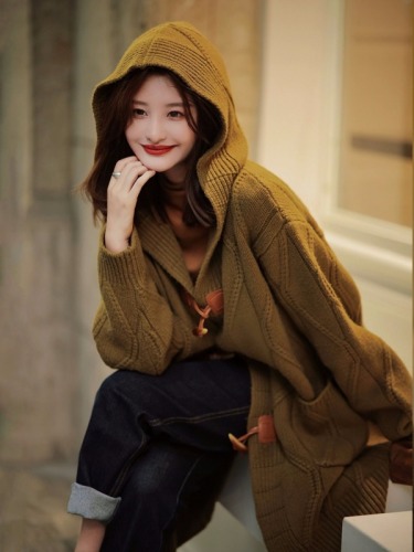 Retro hooded knitted cardigan sweater coat for women early spring loose mid-length lazy style thickened horn button coat