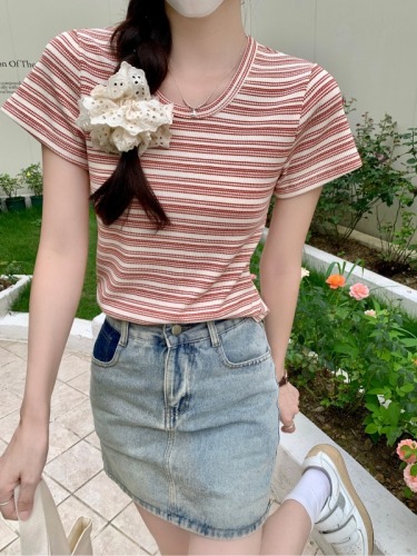 Real shot of waffle striped short-sleeved T-shirt summer trendy shoulder slim short round neck top Korean style women's clothing