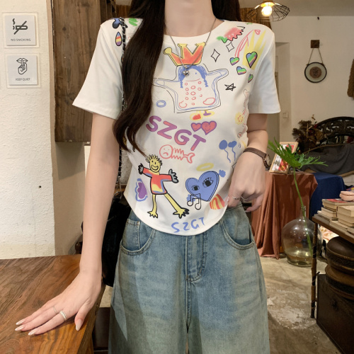 Real shot 1*1 threaded 210g short-sleeved t-shirt summer 2024 trendy printed right shoulder slim short round neck top for women