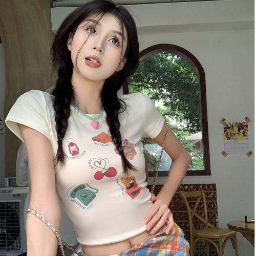 Dopamine Wear Short Sleeve Summer Sweet Hot Girl Cartoon High Waist Right Shoulder Tight Cropped Top