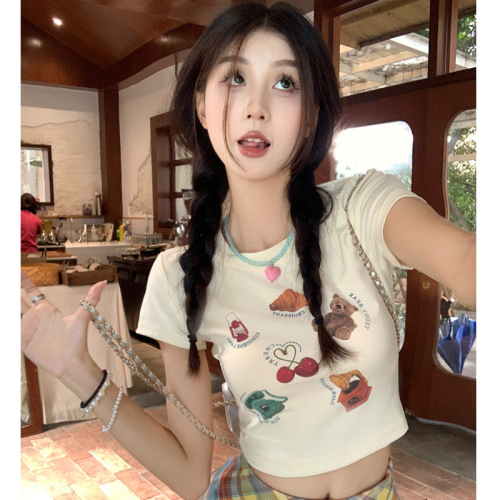 Dopamine Wear Short Sleeve Summer Sweet Hot Girl Cartoon High Waist Right Shoulder Tight Cropped Top