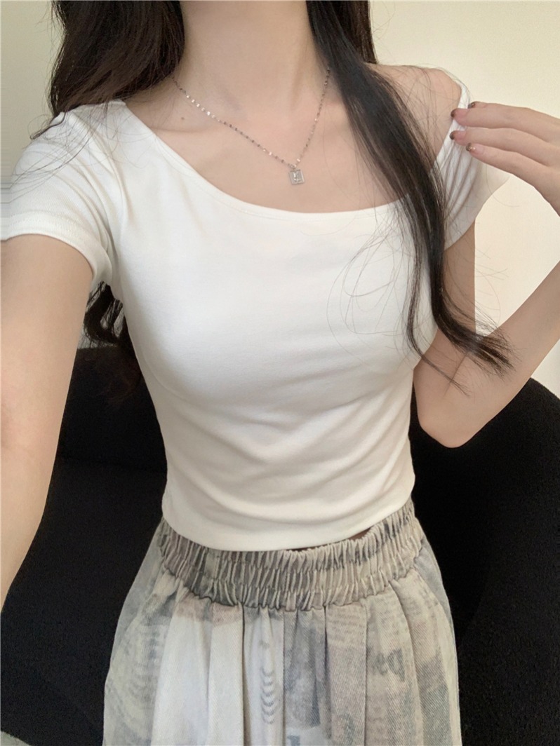 實拍  真 夏季新款短袖T恤女修身顯瘦帶胸墊上衣