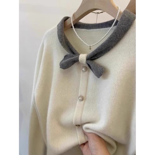 Gray raccoon velvet design collar bow color block sweater jacket for women autumn and winter soft waxy wool knitted cardigan