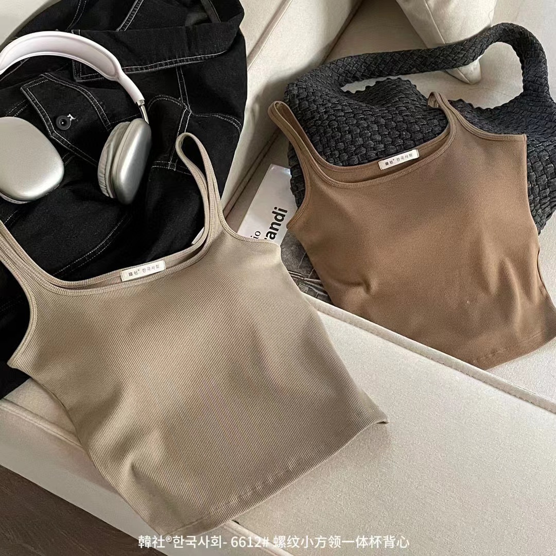 2024 Spring and Summer Korean Society Threaded Small Square Collar One-cup Vest Slim Fit Inside and Outerwear Slim Women's Vest Top
