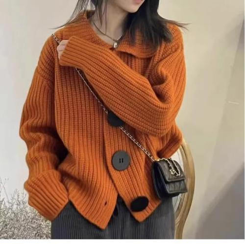 French orange lapel super nice sweater knitted cardigan for women autumn and winter loose lazy style high-end coat top