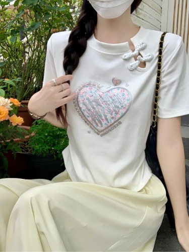 Real shot 1*1 thread 210g short-sleeved t-shirt summer trend embroidered slim plate buckle short round neck top for women