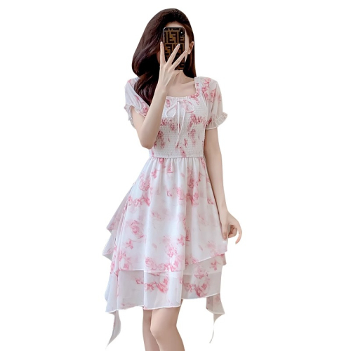 Original French lace-up square-neck floral puff-sleeve dress for petite women with slim waist and slimming dress