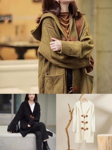 Retro hooded knitted cardigan sweater coat for women early spring loose mid-length lazy style thickened horn button coat