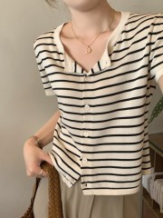 Real shot of summer Korean style ins temperament contrasting striped single-breasted 6 wool knitted cardigan short-sleeved top