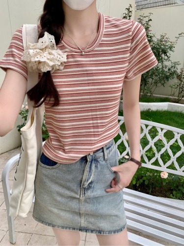 Real shot of waffle striped short-sleeved T-shirt summer trendy shoulder slim short round neck top Korean style women's clothing