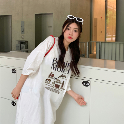 Real shot of cute cartoon printed short-sleeved T-shirt for women summer new Korean style loose and versatile mid-length dress