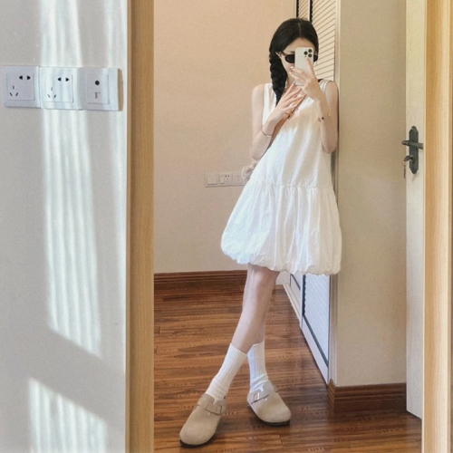 Korean white sleeveless vest dress for women, summer gentle style skirt, loose bud short skirt for small people