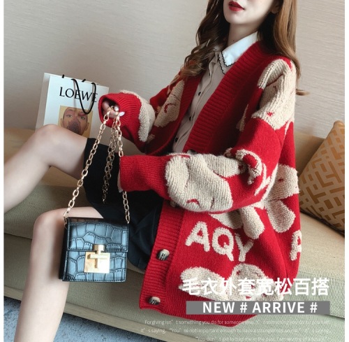 Red sweater jacket for women spring and autumn 2024 new style lazy style Korean style loose internet celebrity knitted cardigan fashionable and thick