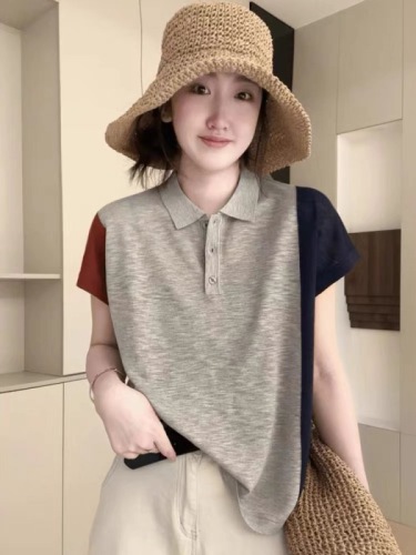 POLO collar contrasting color short-sleeved T-shirt for women 2024 new summer high-end European style tops super nice bottoming shirt