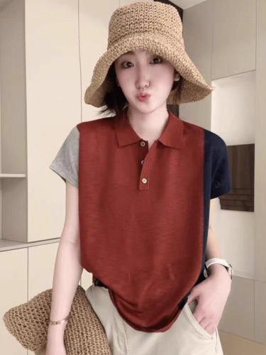 POLO collar contrasting color short-sleeved T-shirt for women 2024 new summer high-end European style tops super nice bottoming shirt