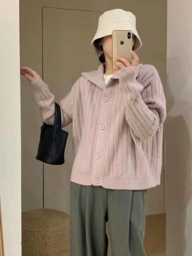 2024 new autumn and winter Korean style temperament vertical pit stripe texture fashionable solid color versatile lapel sweater jacket for women