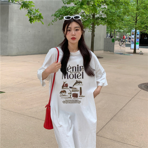 Real shot of cute cartoon printed short-sleeved T-shirt for women summer new Korean style loose and versatile mid-length dress