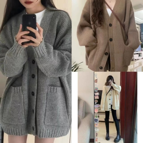 Japanese retro gray sweater cardigan coat for women autumn and winter 2024 new outer wear loose lazy style knitted top