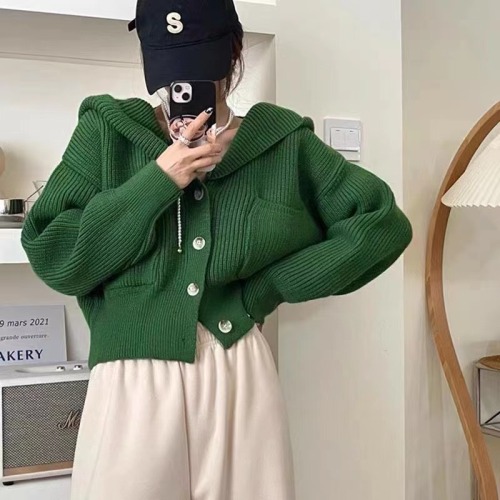 Retro niche hooded cardigan sweater for women autumn and winter Korean style lazy style loose slim short knitted jacket top