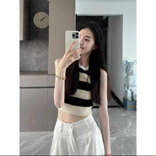 Summer high-end design striped slim-fitting sleeveless vest top for women high-waisted straight relaxed wide-leg pants