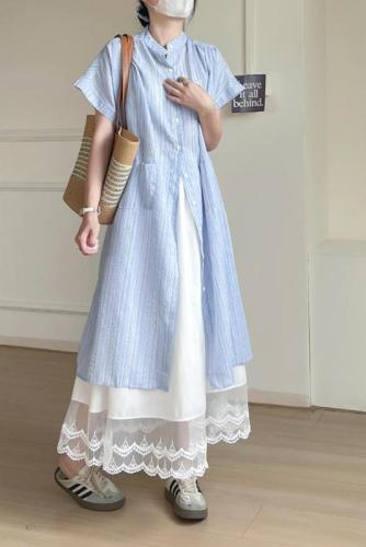 Sweet college style stacked two-piece suit blue striped shirt dress lace skirt for women