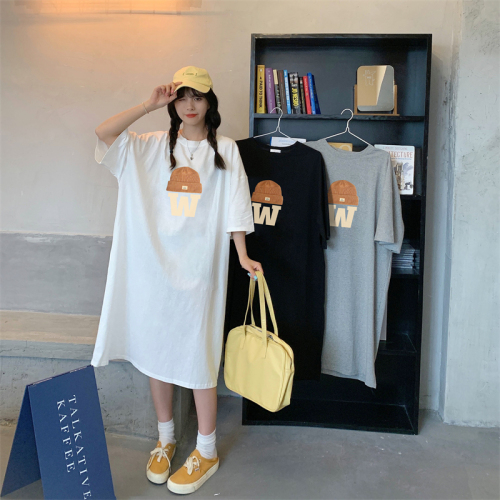 Actual shot of Korean summer fashion women's new slit over-the-knee dress simple letter T-shirt dress slimming long dress