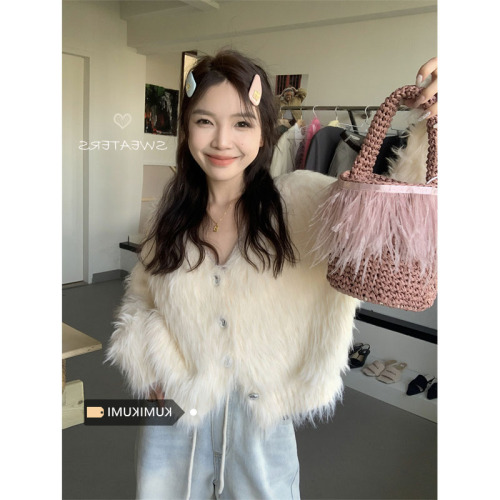 Short white mink velvet sweater cardigan for women in spring gentle style V-neck loose and versatile sweater jacket