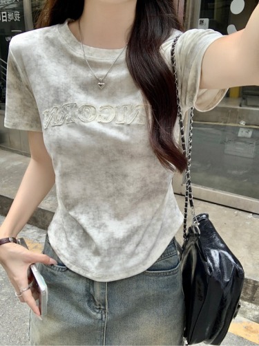 Real shot 1*1 thread 210g short-sleeved T-shirt summer trend embroidered right shoulder slim short round neck top for women