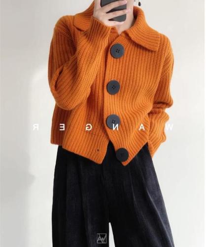 French orange lapel super nice sweater knitted cardigan for women autumn and winter loose lazy style high-end coat top