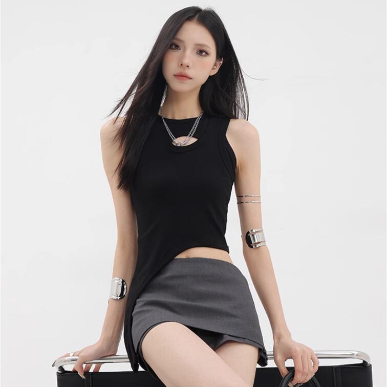 KENH 2024 New Black Hollow Irregular Stacking Design Bottoming Vest Women's Slim Fit Top
