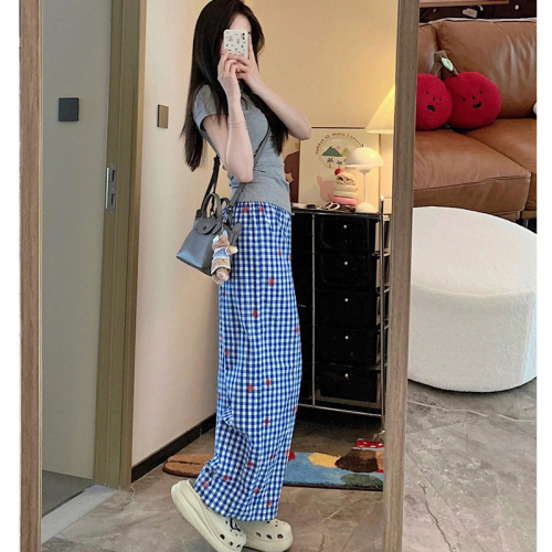 Blue Plaid Loose Wide Leg Pants Women's Summer Korean Style Lazy Style Dopamine Straight Walking Pants