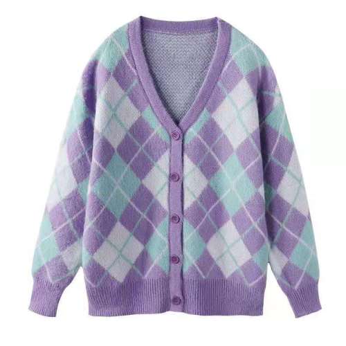 2024 Autumn new style rhombus sweater jacket for women, loose and lazy style, plaid knitted cardigan top for outer wear, trendy