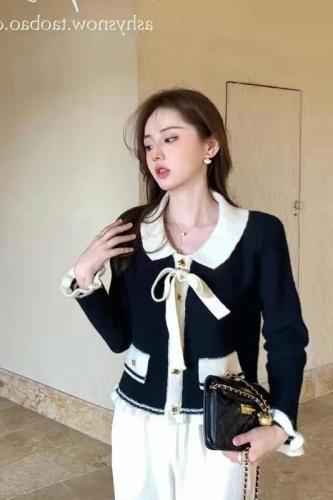 Fungus-edged color-blocked long-sleeved bow-tie knitted sweater for women 2024 spring new sweet little fragrant style top