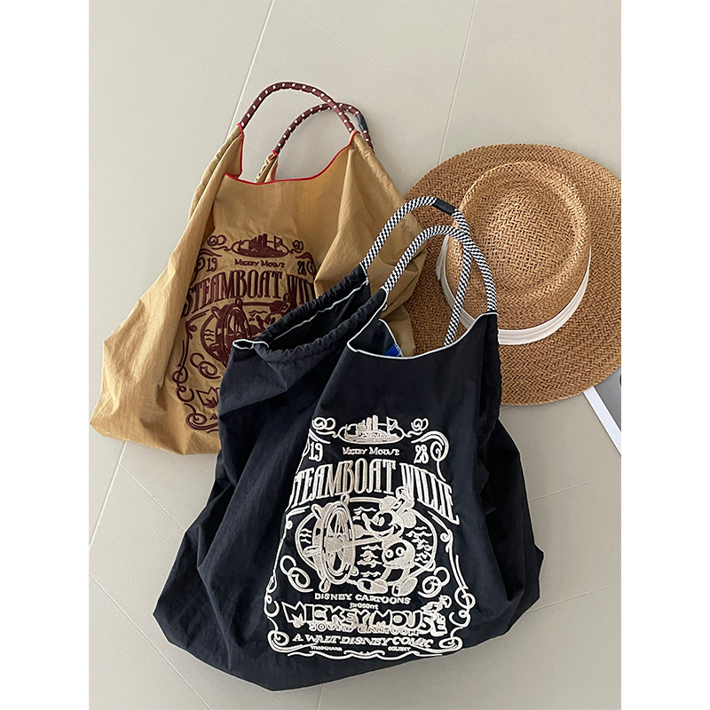 Actual shot ~ Star's same style large-capacity eco-friendly bag embroidered nylon canvas bag shopping bag single shoulder large bag for women