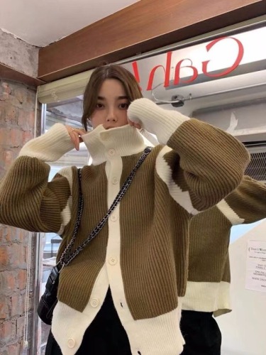 South Korea Dongdaemun 2024 Autumn and Winter High Collar Stand Collar Contrast Color Fashion Knitted Sweater Cardigan Jacket for Women