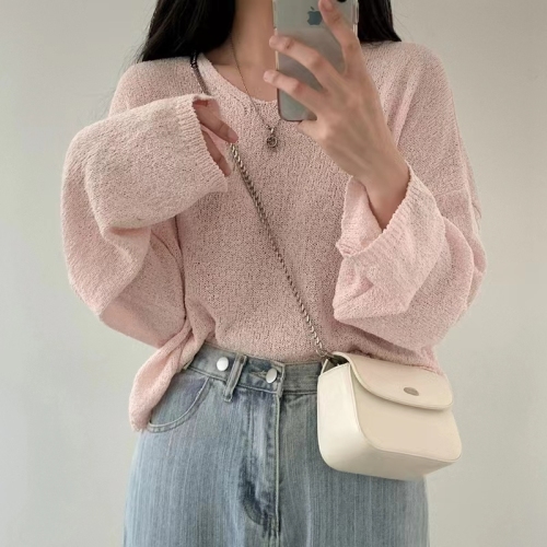 Korean chic lazy off-shoulder sleeves long-sleeved thin knitted sun protection blouse top women's pullover solid color