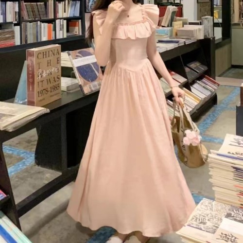 Pink Ruffled Square Neck Dress Women's Summer 2024 New French Style Small Flying Sleeves Seaside Vacation Beach Long Dress