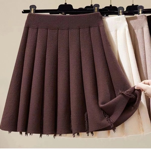 Thickened knitted pleated skirt 2024 new autumn and winter versatile high-waisted slimming A-line skirt student skirt for women