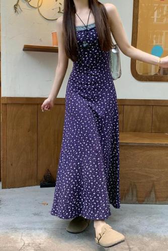 Actual shot ~ Plus size women's Korean style fake two piece floral suspender long skirt slim waist slimming drape dress