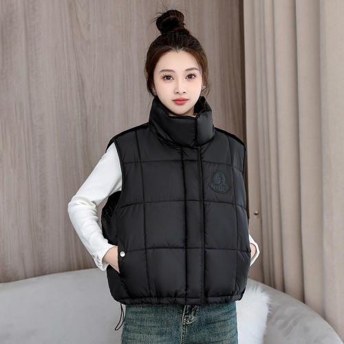 Real shot of foreign trade short feather jacket vest for women 2024 new stand-up collar small man outer vest spliced ​​leather jacket