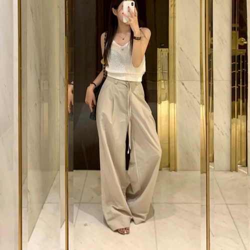 Wide-leg casual pants, high-waisted, loose drawstring lace-up pants