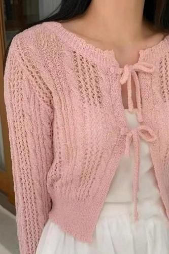 2024 Korean Dongdaemun purchasing agency for early autumn new women's lace-up round neck sweet candy color twist knitted cardigan