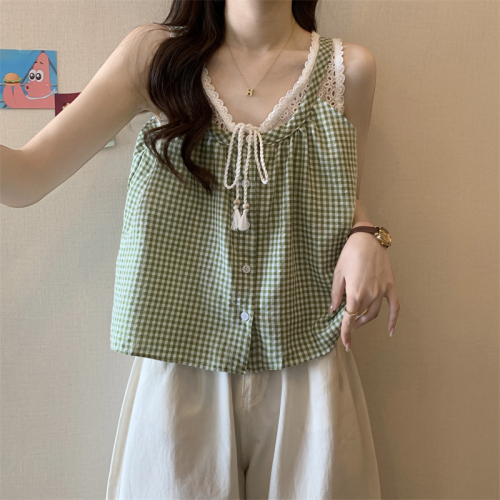 Real shot of new design lace fake two-piece camisole for women short plaid sleeveless top